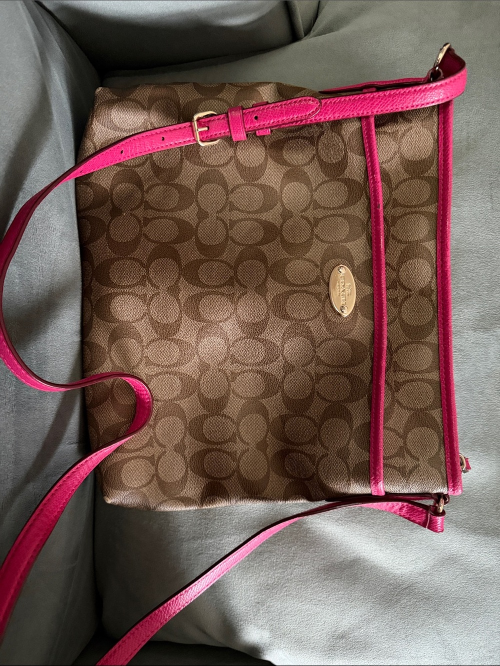 Coach Brown Signature Crossbody with Hot Pink Trim